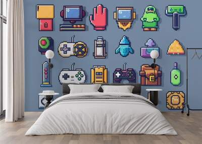 A collection of minimalist pixel art vector objects, meticulously isolated, featuring pixel game buttons and an 8-bit UI gaming bar notation, encompassing video-game pixel magic items Wall mural