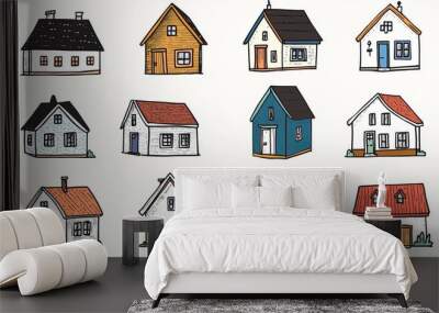 A collection of various outline drawings of small and tiny houses, white walls, black windows, colorful roofs, and distinct facades, all in a Scandinavian style. Isolated in this hand-drawn vector set Wall mural