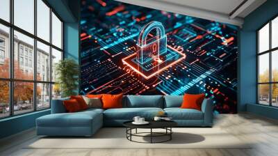 A digital padlock icon symbolizes cyber security and network data protection technology, featuring a virtual interface dashboard for online privacy and business data security Wall mural