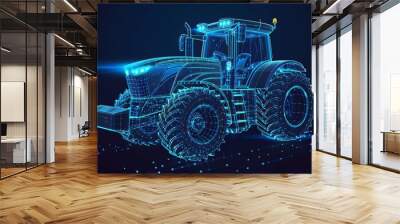 A farm tractor concept in 3D vector illustration is presented in a wireframe style, separating visible and invisible lines to highlight technology in agriculture Wall mural