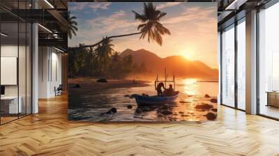 A fisherman fixing his net sitting on a beautiful tropical beach at sunset with bending palm trees fishing gear and a small boat on shore Wall mural