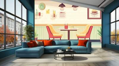 A flat vector illustration of a reserved table in a cafe, featuring a table and two comfortable chairs along with reserved signs and dining accessories Wall mural