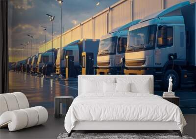 A fleet of company electric cars charging at fast charger station located at a logistics center, cargo transport and delivery, semi-trucks and vans powered by renewable solar, wind electricity energy Wall mural