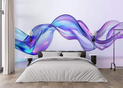 A flowing, transparent liquid glass ribbon with a holographic gradient in blue and purple tones, forming a dynamic curve shape and presented as a floating design element Wall mural