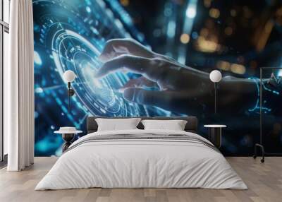 A futuristic concept where a hand interacts with a digital interface, symbolizing the advent of digital transformation and the exploration of the metaverse Wall mural