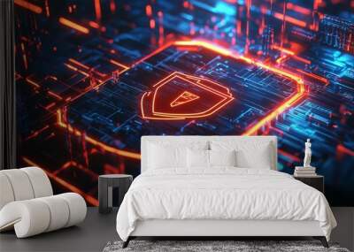 A glowing cybersecurity shield on a complex digital network, representing data protection and internet security in a 3D-rendered environment Wall mural