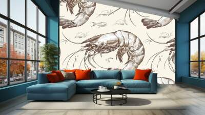 A hand-drawn seafood seamless pattern features a vintage sketch style shrimp background, rendered in vector illustration for a thematic touch Wall mural