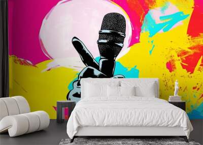 A human hand holding a microphone with a speech bubble, set against a colorful background in collage art Wall mural