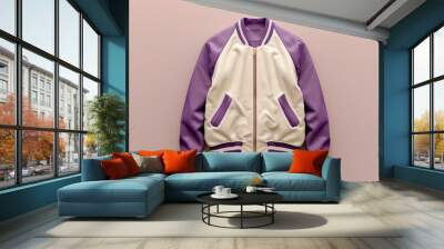 A mockup of a varsity jacket in minimalist modern design, featuring purple and beige colors, suitable for commercial use Wall mural