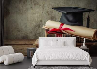 A mortarboard and graduation scroll, tied with red ribbon, on a stack of old battered book with empty space to the left. Slightly undersaturated with vignette for vintage effect Wall mural