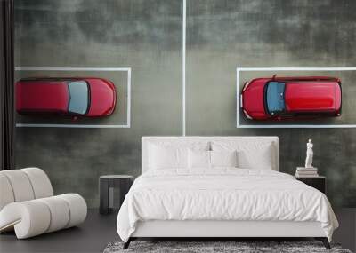 A parking lot shows two cars from an overhead perspective Wall mural