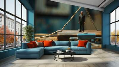 A scenario depicting a money trap set to lure the greedy, highlighting dangers of financial scams and investment traps through a businessman approaching a deceptive rope trap Wall mural