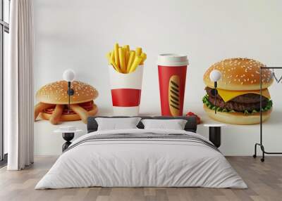 A set of 3D realistic renderings of fast food elements icon set includes a pizza slice, burger, french fries, coffee cup, hot dog, and ketchup bottle, isolated on a white background in vector format Wall mural