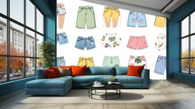 A set of cartoon-style denim jean pants for women, featuring trendy designs like ripped shorts and textured trousers Wall mural