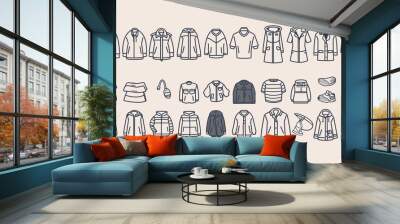 A set of thin line stroke icons for casual sportswear and menswear, including a range of items from T-shirts to pea coats Wall mural