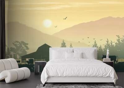 A silhouette of an agricultural landscape includes a tractor, barn, and farm animals like cows, horses, and sheep, set against a background ideal for banners with copy space Wall mural