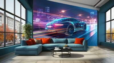 A smart car with remote sensing and road scanning systems is illustrated, driving autonomously on the road Wall mural