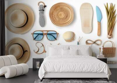 A top view of a set of beach accessories neatly isolated on a white background Wall mural