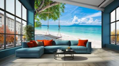 A tranquil tropical beach backdrop features a beach swing or hammock, white sand, and a serene sea, ideal for relaxation and summer holidays. Bahamas Wall mural