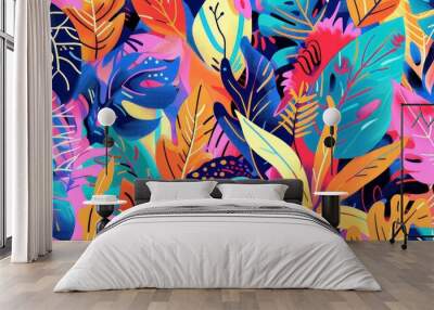 A vibrant and psychedelic seamless pattern featuring bright and colorful floral and plant elements, designed in a funky style Wall mural