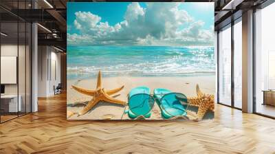 A vibrant background ideal for a summer beach holiday, featuring sunglasses, starfish, and turquoise flip-flops on a sandy tropical beach under a sunny sky with clouds Wall mural