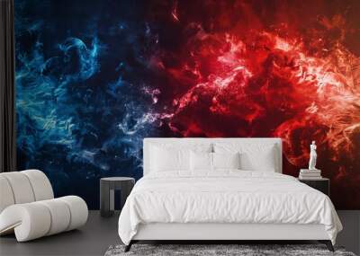 A vibrant versus screen displaying a confrontation between red and dark blue backgrounds, symbolizing the intensity of competition Wall mural