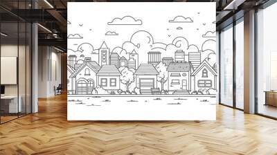 A village landscape featuring houses and trees in a suburban setting, designed in a thin line style vector illustration Wall mural