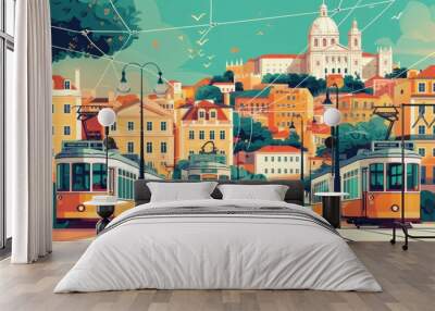 A vintage travel vector illustration showcasing Portugal's Lisbon, featuring abstract shapes of landmarks, streets, and trams, encapsulating the city's charm in a retro poster design Wall mural