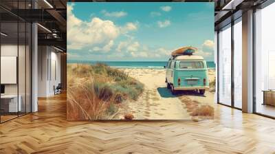 A vintage van by the beach, surfboard atop Wall mural