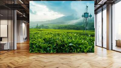 A weather station amidst a green tea field illustrates 5G technology combined with smart farming concepts Wall mural