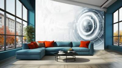 Abstract grey and white technology background with various tech elements, conveying a hi-tech communication concept and innovation. Includes circle empty space for your text Wall mural