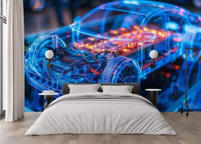 An electric car lithium battery pack is illustrated with power connections, showcasing the core of modern automotive technology in a vibrant blue tone Wall mural