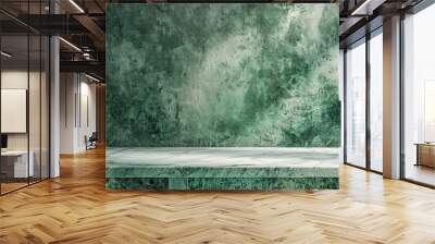 An empty marble table foregrounds a cement stone background under green light from above, setting a rustic mood for product displays Wall mural