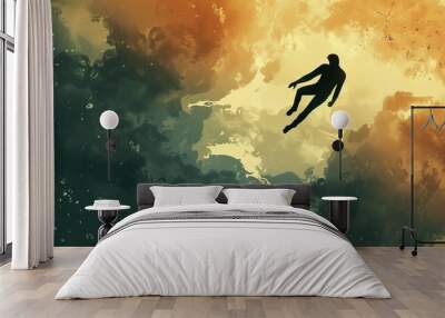 An illustration depicts a man in a free fall from the sky, presenting a minimalistic conceptual visualization Wall mural