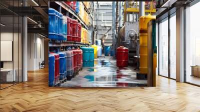 An industrial safety inspection of chemical storage areas, focusing on hazardous material management Wall mural