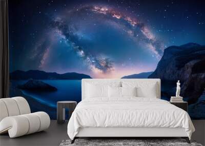 Arched Milky Way over the beautiful mountains and blue sea at night in summer. Colorful landscape with bright starry sky with Milky Way arch, moonlight, constellation, water. Galaxy. Nature and space Wall mural