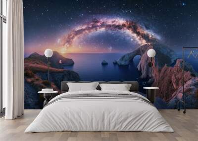 Arched Milky Way over the beautiful mountains and blue sea at night in summer. Colorful landscape with bright starry sky with Milky Way arch, moonlight, constellation, water. Galaxy. Nature and space Wall mural