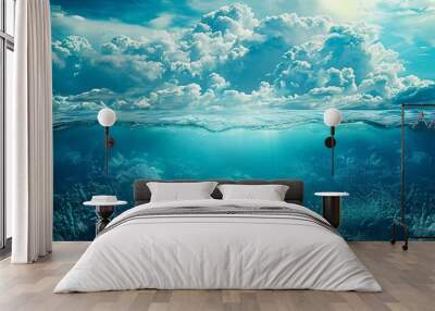 Artistic representation of the deep sea merged with the sky and clouds, capturing the essence of the ocean Wall mural