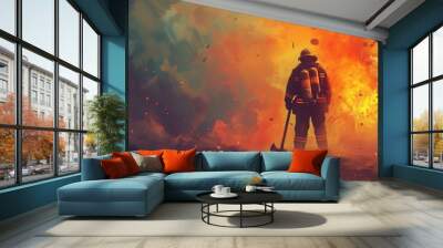 brave firefighter with axe standing in front of frightening explosion, digital art style, illustration painting Wall mural