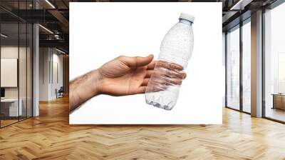 Close-up of a hand holding an empty plastic bottle with visible condensation, isolated on a white background and viewed from the front Wall mural