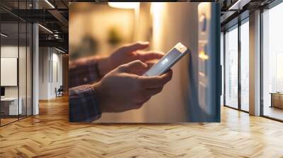 Close-up of a man pressing a light switch, with an electric socket, plug, and smartphone in view Wall mural