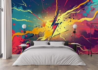 Comic abstract pop art background featuring a thunder illustration Wall mural