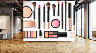 Comprehensive makeup set, realistic cosmetic products eye shadow, powder, blush, eyeliner, concealer, lipstick, lip gloss, foundation, nail polish, mascara, and brushes, isolated on white background Wall mural