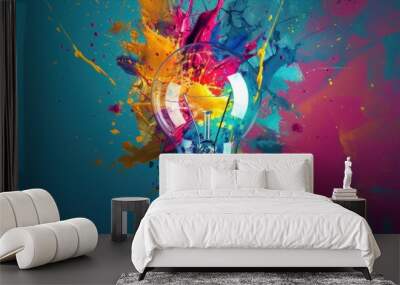 Creative colored light bulb explosion with shards and paint, a creative idea. Think different, concept. Business, ideas and the discovery of new technology Wall mural