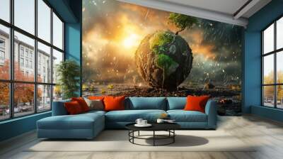 Crying planet. Social issues, ecology problems. Contemporary art collage, modern creative design. Idea, inspiration, saving ecology, environmental care, warming of the Earth's climate. Poster Wall mural