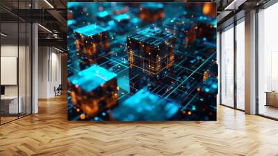 Cube technology on Converging point of circuit with Abstract blue background. Blockchain Network System. Big data storage processing, Cloud data, Internet Security, and Digital Technology. 3D render Wall mural