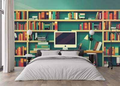 Digital libraries and online bookstores are envisioned in a flat design, illustrating the shift towards e-reading and internet-based education Wall mural