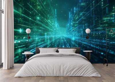 Digital technology metaverse neon blue green background, cyber information, abstract speed connect communication, retro city future meta tech, internet network connection, Ai big data illustration 3d Wall mural