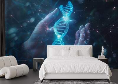 Doctor examines healthcare on a digital network using a holographic virtual screen interface displaying a blue helix DNA structure, representing the fusion of science, medical technology, and futurism Wall mural