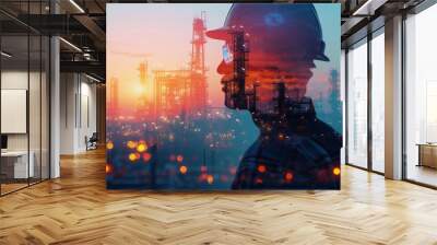 Double exposure of Engineer with oil refinery industry plant background, industrial instruments in the factory and physical system icons concept Wall mural